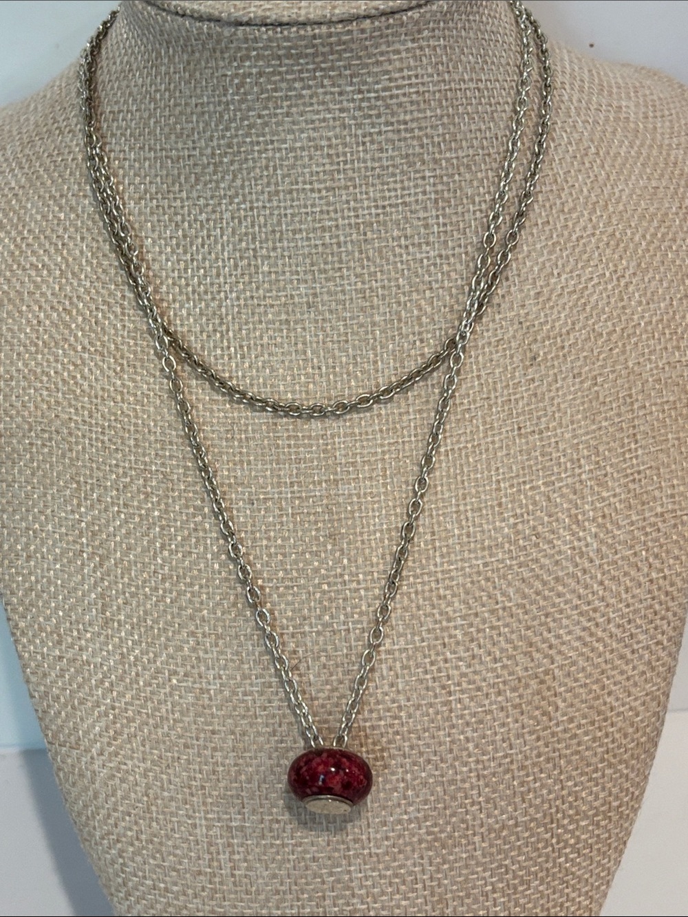 Vintage Double Strand Silver Tone Necklace with Translucent Red Slide Bead Penda